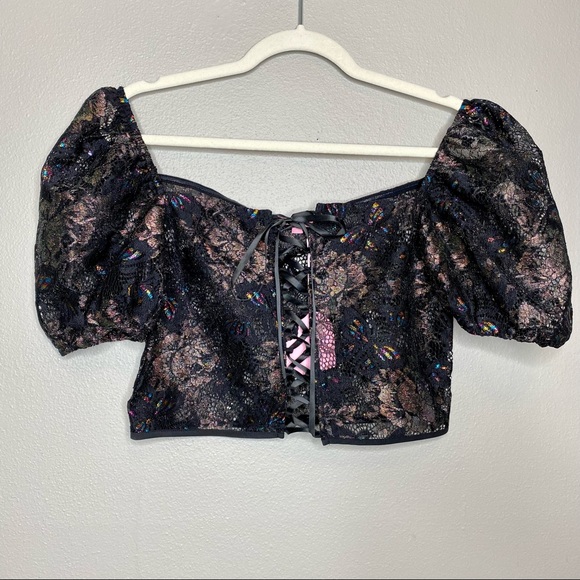 NWT Sugar Thrillz Iridescent Lace Cropped Bustier with Lace Up Front Puff Sleeve - Picture 2 of 10